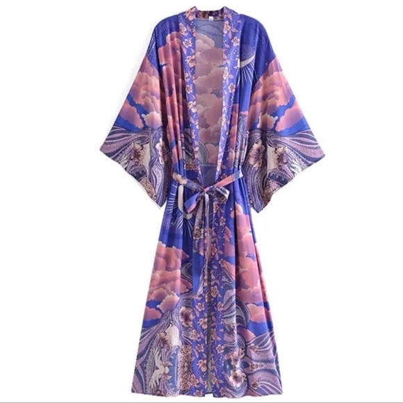 Boho Luna Cosmos Moon&Stars Maxi Kimono, Long Kimono, 100% Cotton, Kimono Sleeve - Picture 5 of 12